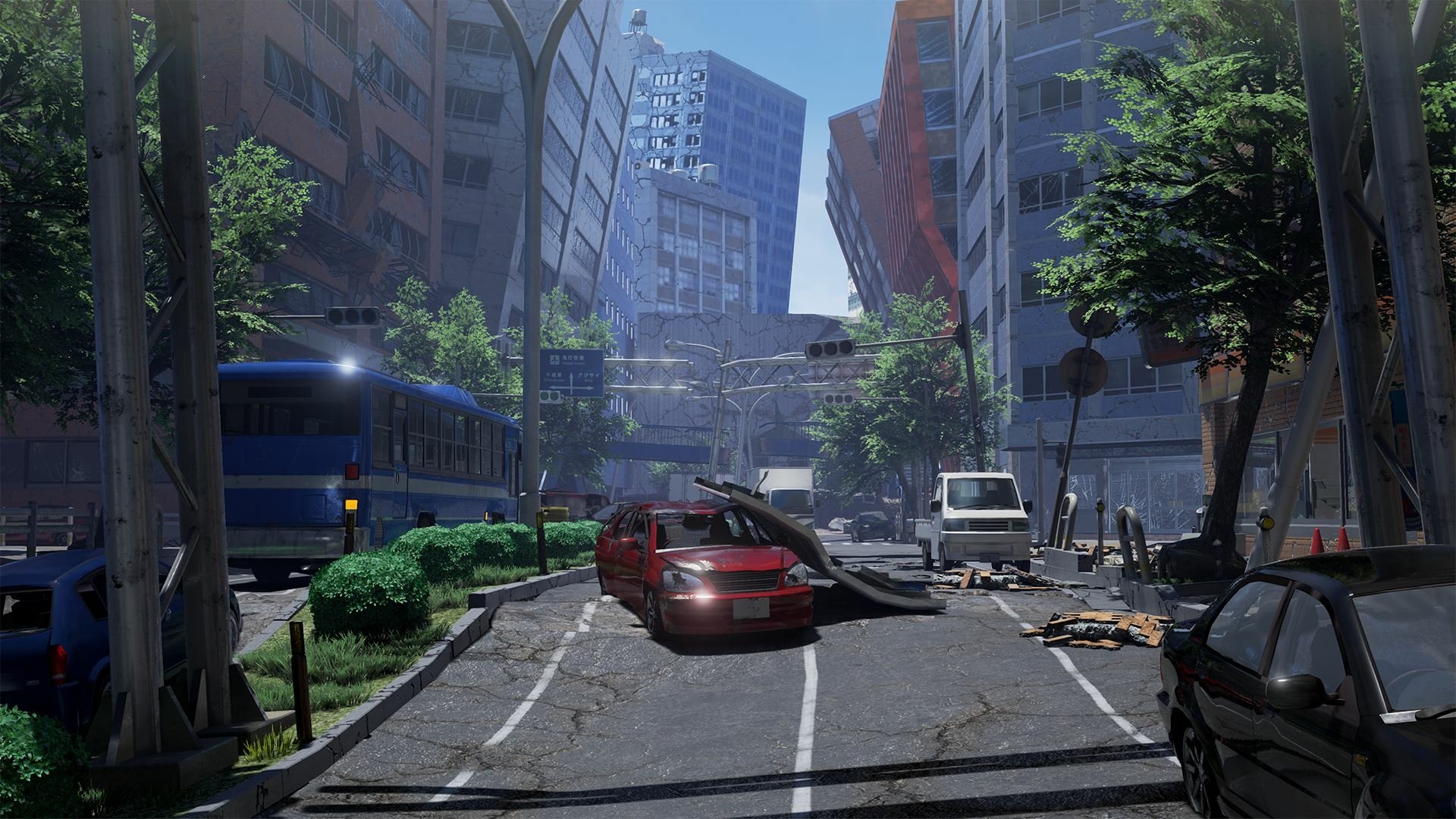 HD desktop wallpaper from Zettai Zetsumei Toshi 4 Plus: Summer Memories, featuring a deserted city street with scattered debris and abandoned cars.