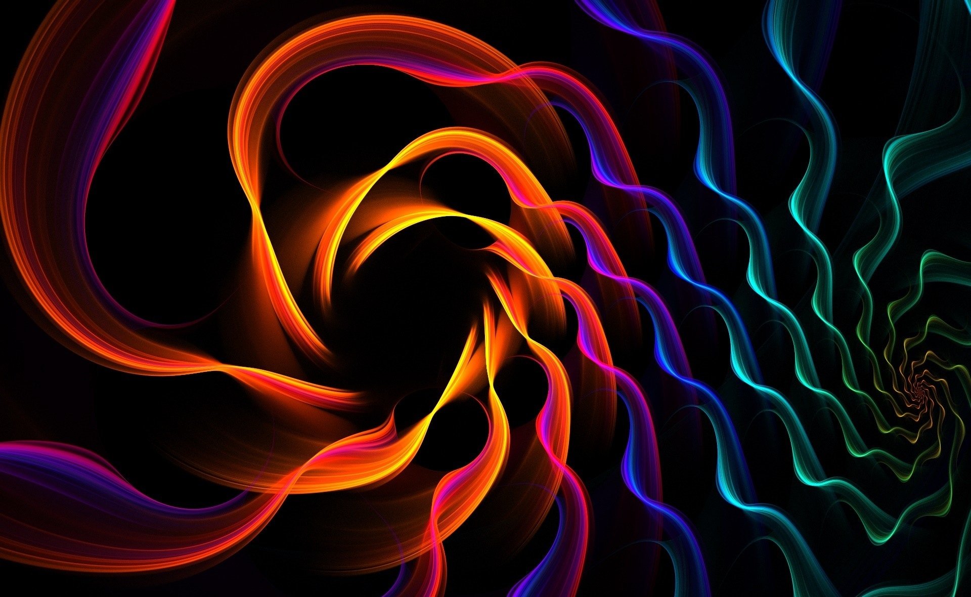 Abstract colorful HD PC desktop wallpaper and background: swirling ribbon-like bands of red, orange, purple and teal radiate from a dark center into a spiral.