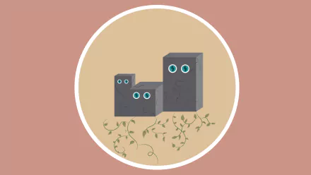 An artistic and abstract HD desktop wallpaper featuring three stone blocks with eyes and vines growing around them, set against a muted circular background.