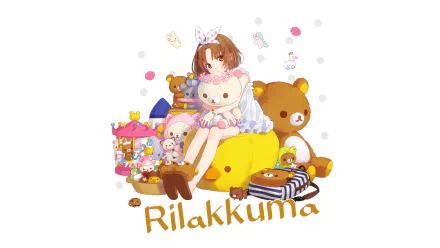 Cute original anime girl cuddling Rilakkuma and plush toys on a colorful HD PC desktop wallpaper background.