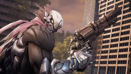 Strife (Darksiders) from Darksiders III — armored hunter aims a heavy gun before city skyscrapers. HD PC desktop wallpaper/background.