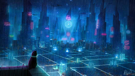 HD desktop wallpaper featuring a sci-fi cityscape in the rain, illuminated by neon lights. A cat sits on a rooftop overlooking the futuristic buildings, creating a captivating anime-inspired scene.