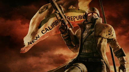 HD PC desktop wallpaper featuring a armored soldier from the video game Fallout: New Vegas, holding a rifle with a tattered New California Republic flag against a dramatic sky.