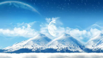 Artistic HD desktop wallpaper featuring a serene earth-themed scene with a large translucent moon above snowy mountains under a bright blue sky with scattered stars.
