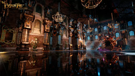 HD wallpaper of The Bard's Tale IV: Barrows Deep featuring a detailed, ornate hall with reflective flooring and magical ambiance.