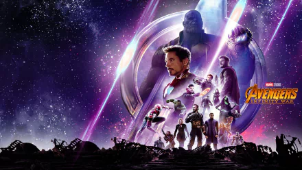HD desktop wallpaper featuring Scarlet Witch, Groot, Black Widow, Captain America, Gamora, Drax, Mantis, Hulk, Spider-Man, Doctor Strange, Star-Lord, Thor, Iron Man, and Thanos from Avengers: Infinity War.