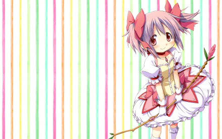 HD PC desktop wallpaper featuring Madoka Kaname from the anime Puella Magi Madoka Magica, standing with her magical bow against a colorful striped background.