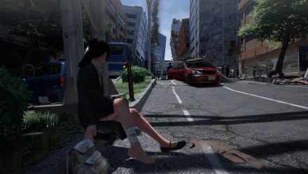 HD wallpaper from Zettai Zetsumei Toshi 4 Plus: Summer Memories depicting a character sitting on a curb in a disaster-struck city.