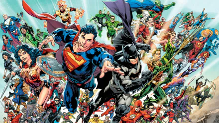 HD desktop wallpaper featuring heroes from DC: Rebirth, showcasing vibrant depictions of Superman, Batman, Wonder Woman, and many other characters in action.