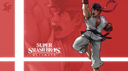 2K Quad HD PC desktop wallpaper: Ryu (Street Fighter) video game character executing a punch on a red backdrop with the Super Smash Bros. Ultimate logo.