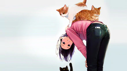 Anime girl in jeans bending over with two cats on her back and one black cat reaching up, holding a phone, set against a clean background as HD PC desktop wallpaper.