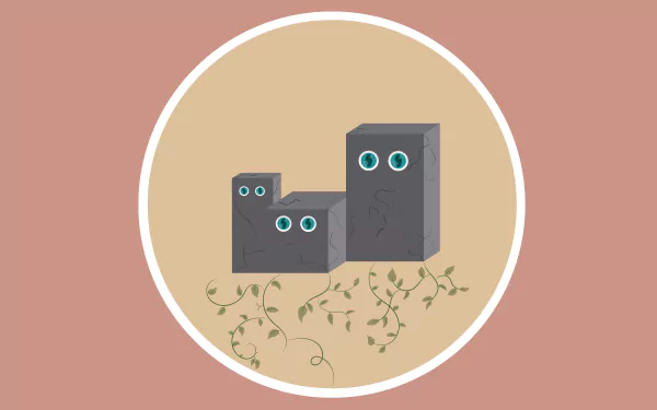 An artistic and abstract HD desktop wallpaper featuring three stone blocks with eyes and vines growing around them, set against a muted circular background.