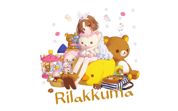 Cute original anime girl cuddling Rilakkuma and plush toys on a colorful HD PC desktop wallpaper background.