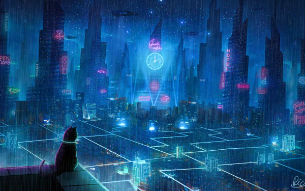 HD desktop wallpaper featuring a sci-fi cityscape in the rain, illuminated by neon lights. A cat sits on a rooftop overlooking the futuristic buildings, creating a captivating anime-inspired scene.