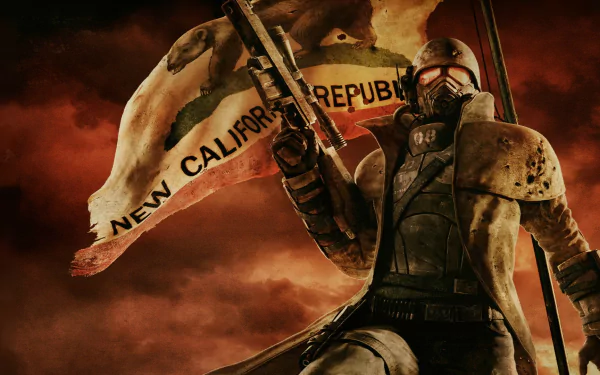 HD PC desktop wallpaper featuring a armored soldier from the video game Fallout: New Vegas, holding a rifle with a tattered New California Republic flag against a dramatic sky.