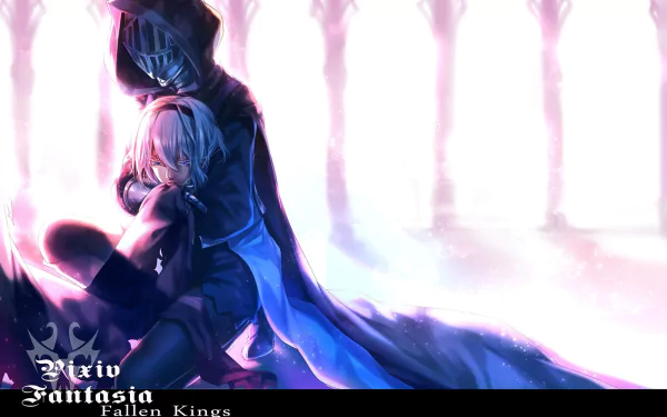 Anime art from Pixiv Fantasia Fallen Kings (Pixiv Fantasia FK): a cloaked knight embraces a silver-haired warrior before glowing pillars — HD PC desktop wallpaper/background