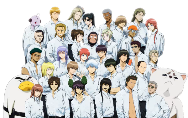 Anime Gintama group portrait of main and supporting characters in white shirts, flanked by Sadaharu and Elizabeth — 4K Ultra HD PC desktop wallpaper background.