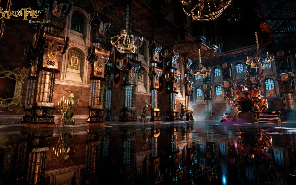 HD wallpaper of The Bard's Tale IV: Barrows Deep featuring a detailed, ornate hall with reflective flooring and magical ambiance.