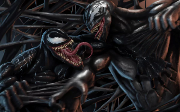 8K Ultra HD PC desktop wallpaper of Riot (Marvel Comics) and Venom from the movie — two black symbiotes with gaping jaws, long tongues and writhing tendrils.