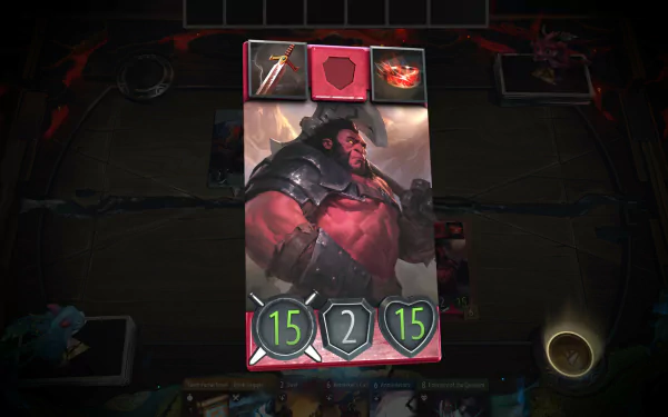 HD desktop wallpaper featuring a card from the game Artifact with a powerful character and stats on display.