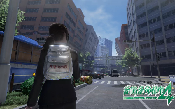HD wallpaper for Zettai Zetsumei Toshi 4 Plus: Summer Memories showing a character overlooking a deserted city street.