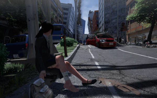 HD wallpaper from Zettai Zetsumei Toshi 4 Plus: Summer Memories depicting a character sitting on a curb in a disaster-struck city.