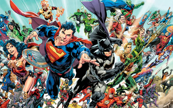 HD desktop wallpaper featuring heroes from DC: Rebirth, showcasing vibrant depictions of Superman, Batman, Wonder Woman, and many other characters in action.