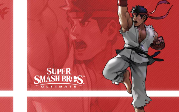 2K Quad HD PC desktop wallpaper: Ryu (Street Fighter) video game character executing a punch on a red backdrop with the Super Smash Bros. Ultimate logo.