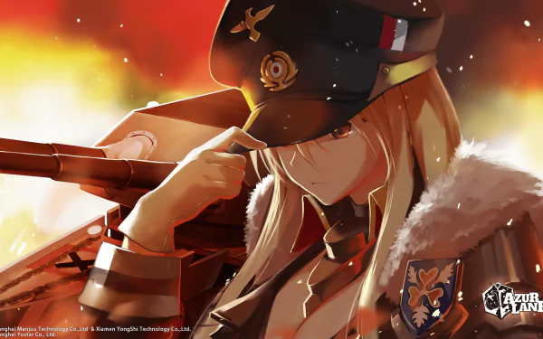 HD PC desktop wallpaper featuring Bismarck from the video game Azur Lane in anime style, with a dramatic fiery background.