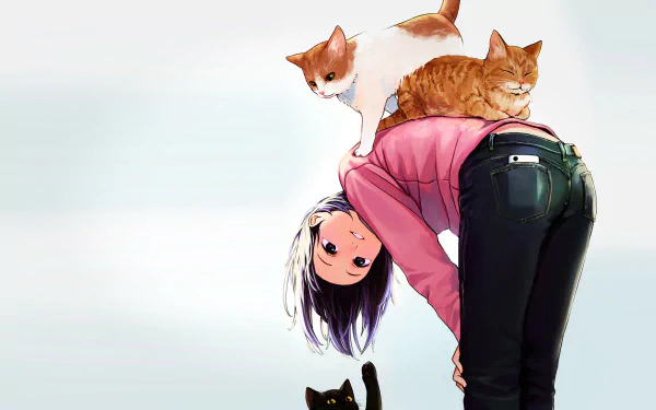 Anime girl in jeans bending over with two cats on her back and one black cat reaching up, holding a phone, set against a clean background as HD PC desktop wallpaper.