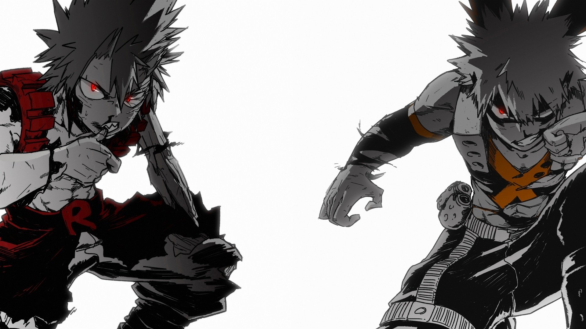 HD PC desktop wallpaper featuring Eijiro Kirishima and Katsuki Bakugou from the anime My Hero Academia in dynamic black, white, and red tones.
