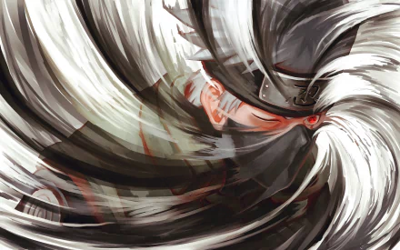 HD desktop wallpaper featuring Kakashi Hatake from the anime Naruto. The design presents a dynamic and artistic portrayal of Kakashi with swirling lines accentuating his iconic look.