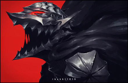 HD PC desktop wallpaper featuring Guts from the anime Berserk (2016), showcasing his dark, armored figure against a vivid red background.