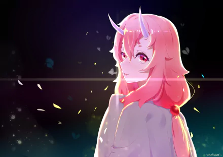 An HD desktop wallpaper featuring Shuna from That Time I Got Reincarnated as a Slime. The anime character has pink hair, pink eyes, and horns, set against a dark, atmospheric background with glowing light effects.
