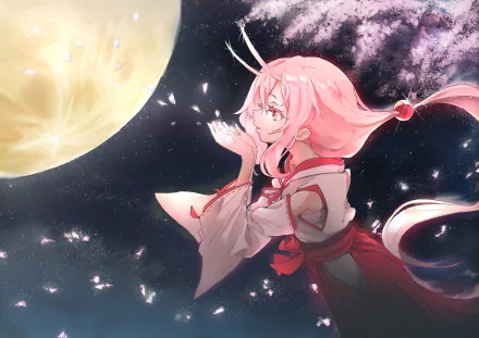 This HD desktop wallpaper features Shuna from That Time I Got Reincarnated as a Slime, gazing at a glowing moon in a starry night sky, with her pink hair flowing, creating a serene and magical ambiance.