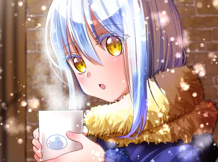HD wallpaper featuring Rimuru Tempest from That Time I Got Reincarnated as a Slime, holding a mug in a cozy, glowing setting.