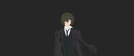 HD anime desktop wallpaper featuring Osamu Dazai from Bungou Stray Dogs in a dark suit against a black background.