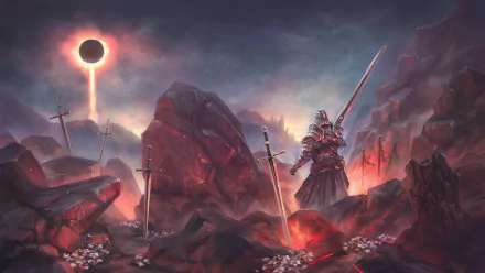 HD desktop wallpaper of Dark Souls III, featuring a dramatic scene with a knight holding a large sword amidst a rocky, fiery landscape under an eclipse. Multiple swords are embedded in the ground.