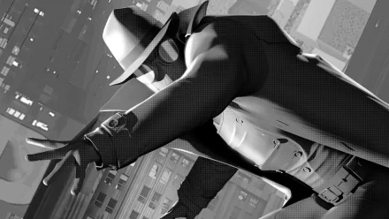 Black-and-white 4K Ultra HD PC desktop wallpaper featuring Spider-Man Noir from the movie Spider-Man: Into The Spider-Verse in a cityscape backdrop.