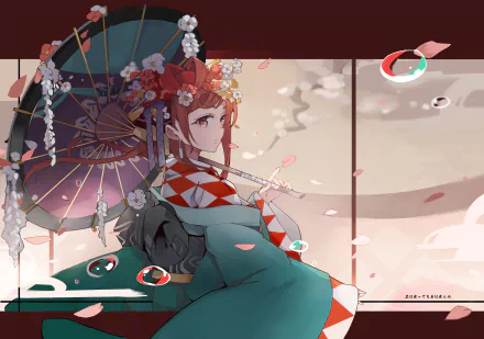 HD PC wallpaper featuring Yuugiri from Zombie Land Saga, holding a traditional umbrella adorned with flowers and bubbles floating around in an anime-style scene.