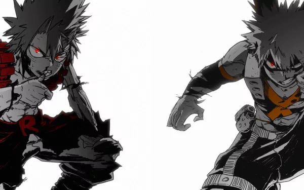 HD PC desktop wallpaper featuring Eijiro Kirishima and Katsuki Bakugou from the anime My Hero Academia in dynamic black, white, and red tones.