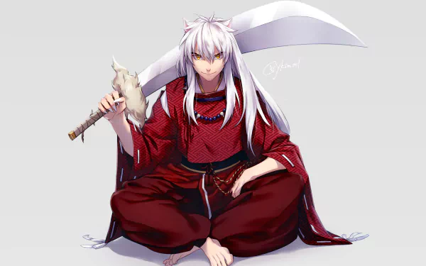 InuYasha from the anime InuYasha is depicted in 4K Ultra HD, sitting cross-legged with his signature sword on a crisp, clean background.