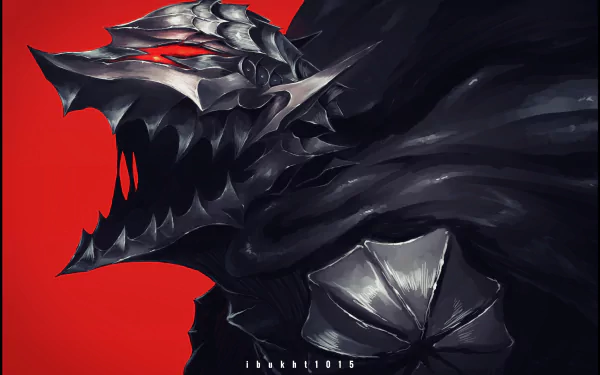 HD PC desktop wallpaper featuring Guts from the anime Berserk (2016), showcasing his dark, armored figure against a vivid red background.