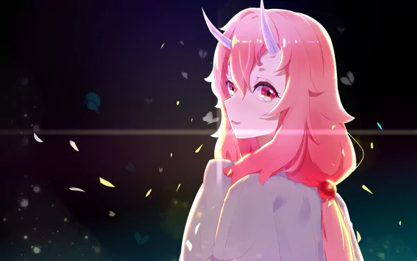 An HD desktop wallpaper featuring Shuna from That Time I Got Reincarnated as a Slime. The anime character has pink hair, pink eyes, and horns, set against a dark, atmospheric background with glowing light effects.