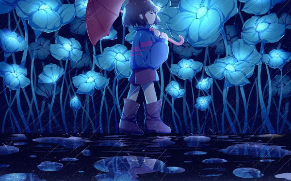 HD PC desktop wallpaper featuring Frisk from the video game Undertale, standing with a red umbrella among glowing blue flowers at night.