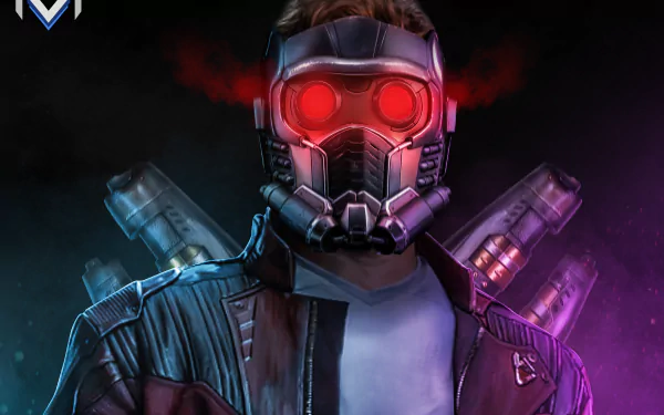 HD PC desktop wallpaper of Star-Lord (Avengers: Infinity War): masked hero with glowing red goggles, leather jacket and dual blasters against a smoky purple-black background.