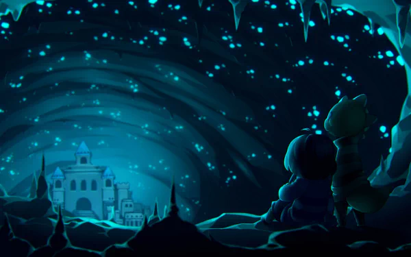 HD PC desktop wallpaper featuring Monster Kid and Frisk from Undertale, set against a glowing, starry cavern with a distant castle in the background.
