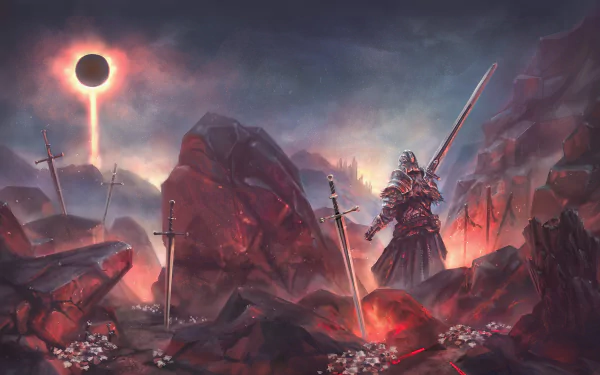 HD desktop wallpaper of Dark Souls III, featuring a dramatic scene with a knight holding a large sword amidst a rocky, fiery landscape under an eclipse. Multiple swords are embedded in the ground.