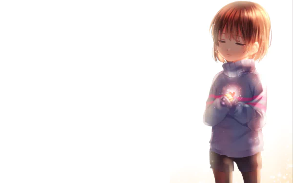 Frisk from Undertale holding a glowing heart, depicted in a soft, serene 4K Ultra HD video game wallpaper background.