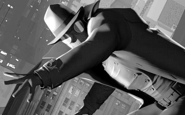 Black-and-white 4K Ultra HD PC desktop wallpaper featuring Spider-Man Noir from the movie Spider-Man: Into The Spider-Verse in a cityscape backdrop.